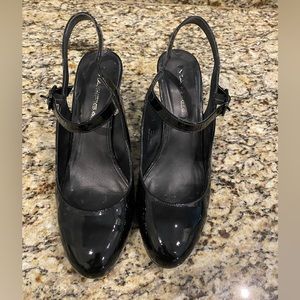 Via Spiga black patent leather Mary Janes with 3” wedge heel. Size 7.5M